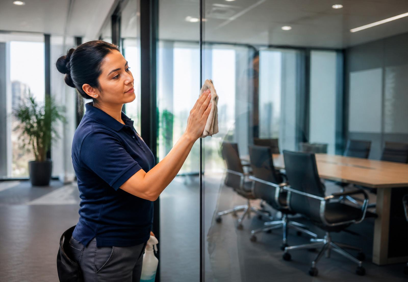 Professional cleaner polishing a glass conference wall