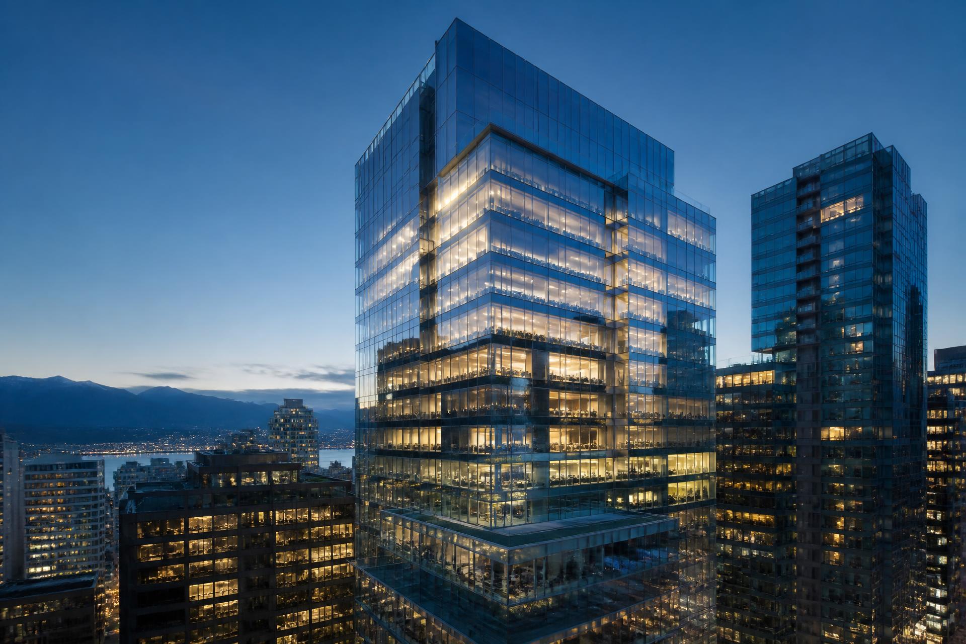 Modern glass office tower at dusk